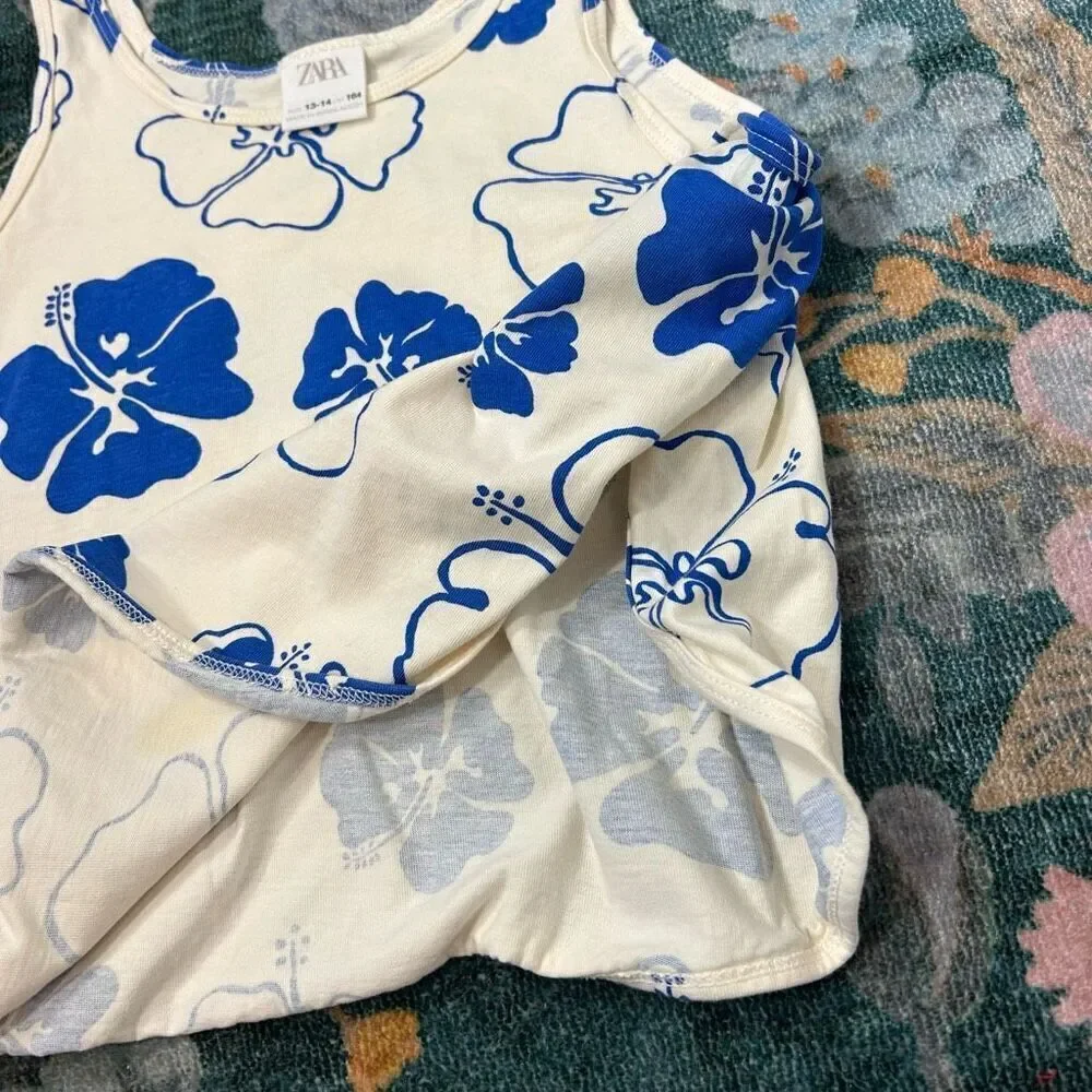 Zara Girls Crop Top Hawaiian Hibiscus Floral Cream Blue Curved Hem Tank 13-14 L